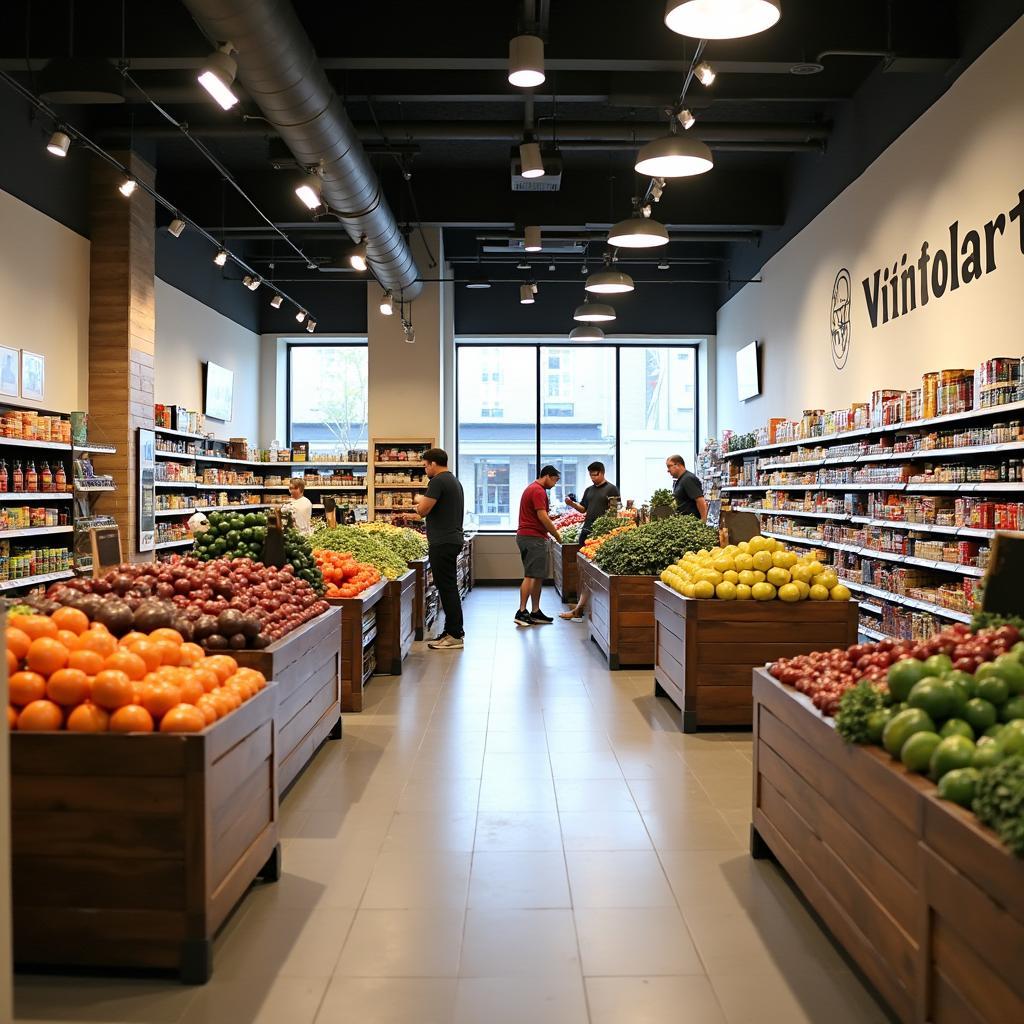 Bên trong VinMart Ngõ 250 Kim Giang với các kệ hàng sản phẩm tươi sống và nhu yếu phẩm
